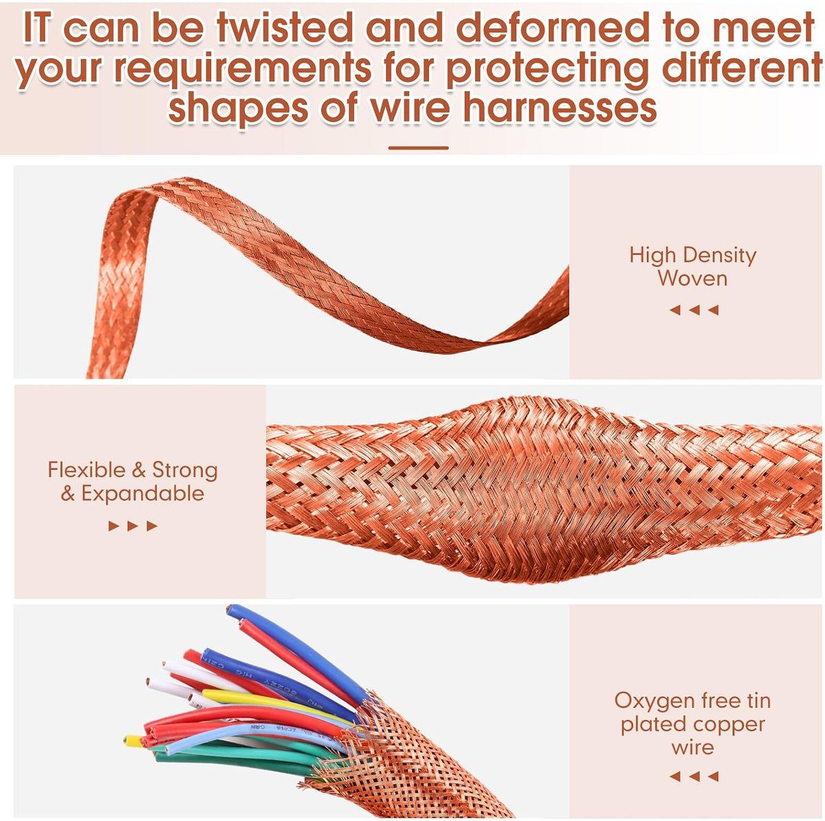 LEIFIDE Orange 3 Rolls Tinned Copper Braid Cable Shielding Sleeve