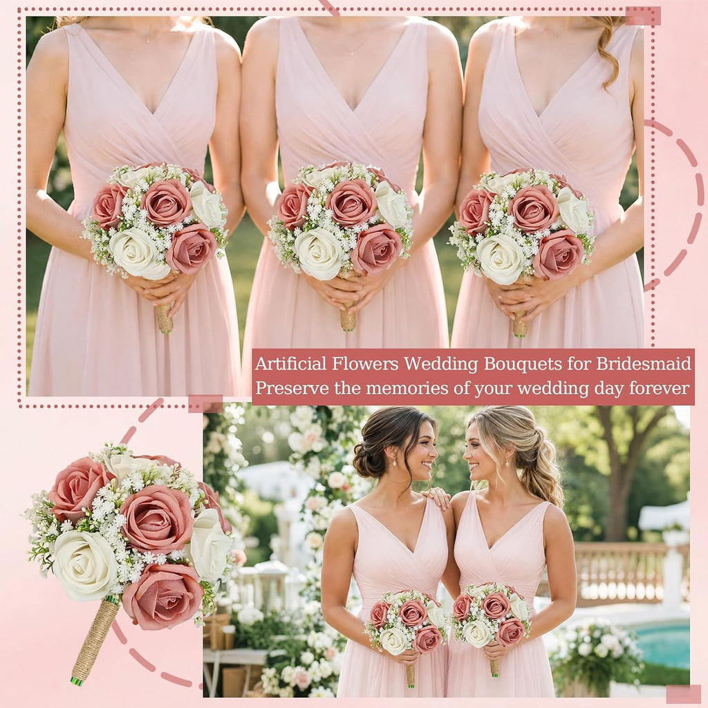 Wedding Artificial Bridesmaids Bouquets Set of 6-Faux Babys Breath Dusty Pink Fake Gypsophila Bouquet for Bridesmaid, Real Touch Small Bouquet for Bridesmaids Wedding Bridal Shower Centerpieces-7 Inch