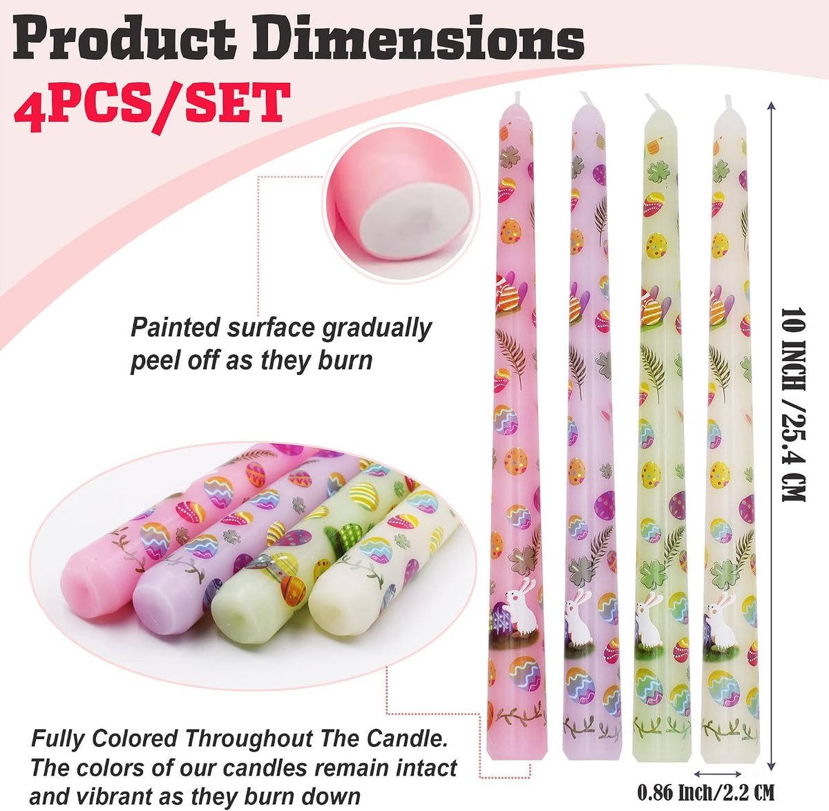 4 Pack Easter Printed Taper Candles, 10 Inch Tall Tapered Candles with Bunny & Egg Designs for Easter Dinner Table Home Party Decor