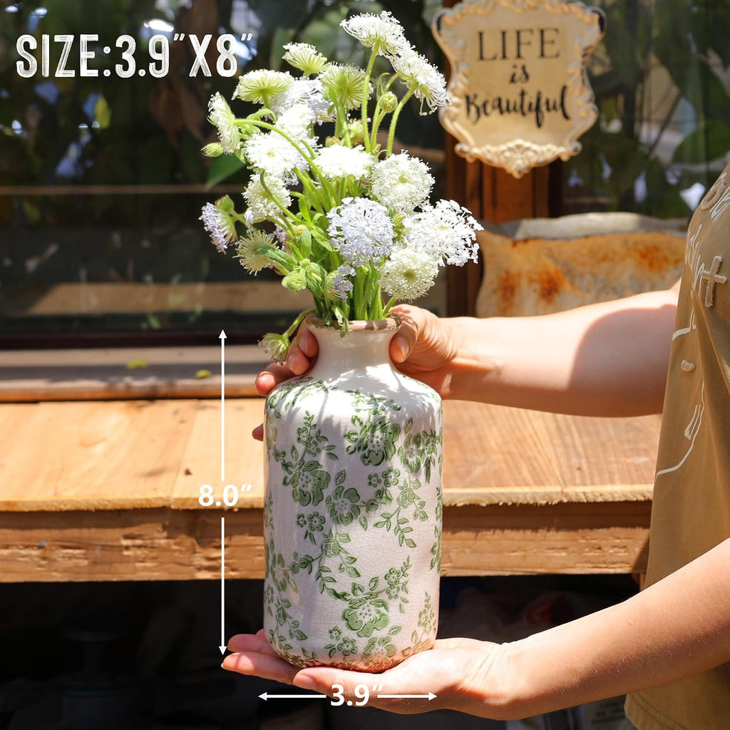 8" Retro Crackle Glaze Ceramic Vase Rustic Green Vases Decorative Vases Farmhouse Home Decor Vase Chinoiserie Vintage Flower Vases (Green, 8 Inches)