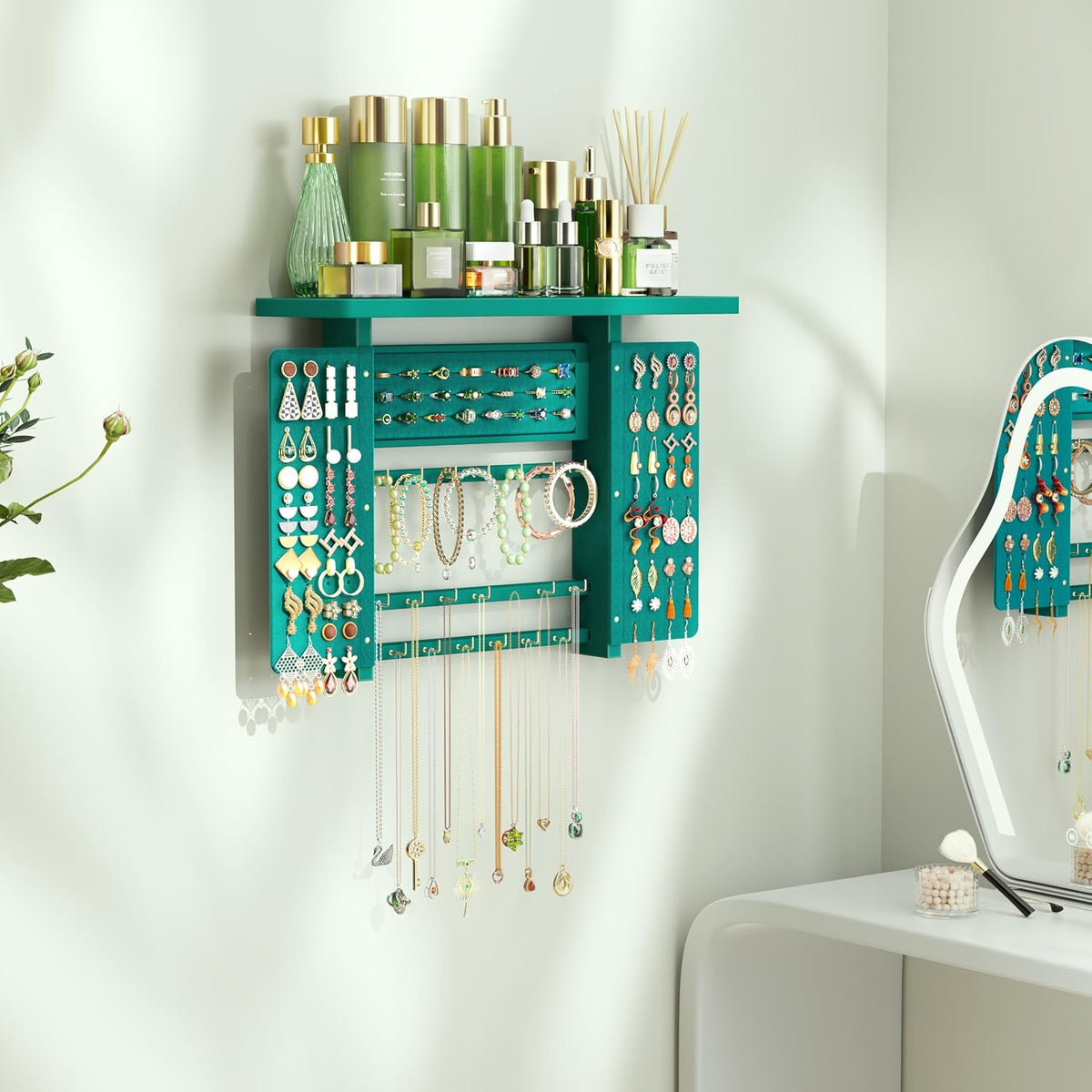 Emfogo Jewelry Organizer Hanging Wall Mounted Jewelry Holder, 5-in-1 Large Capacity Necklace Organizer Wall Hanging Jewelry Display for Ring, Necklaces, Bracelets, Earrings (Green)