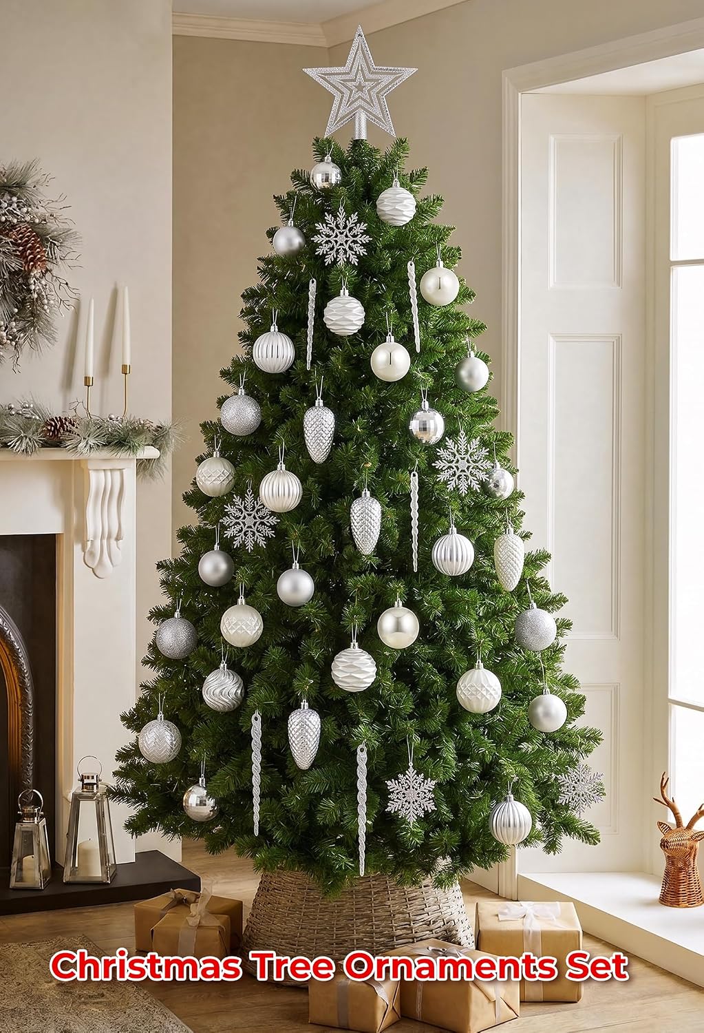 Brightown 100Pcs Christmas Tree Decorations Ornaments Set, Champagne Silver