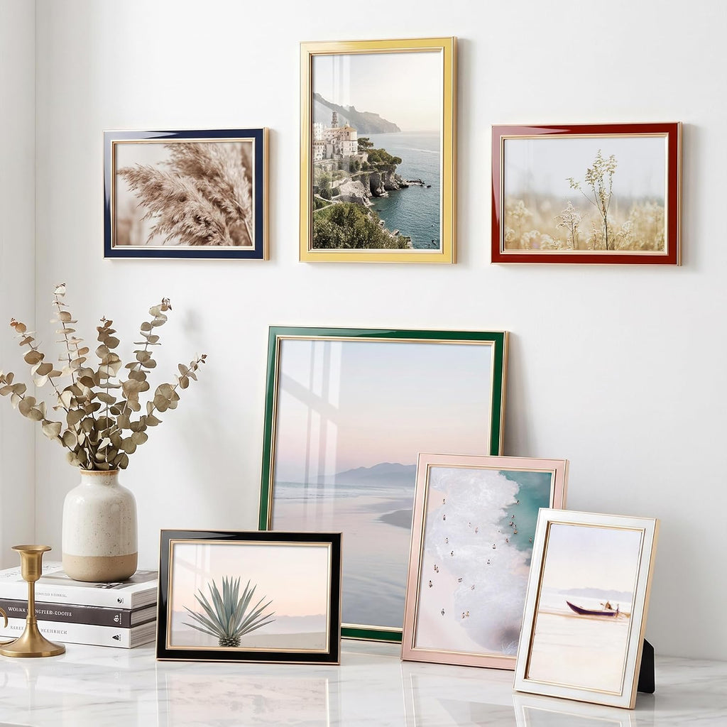 Venusmiles 5x7 Enamel Picture Frames with Tempered Glass, 1 Pack Yellow Photo Frame with Gold Metal Edge, Horizontal and Vertical Display Pictures 5x7 for Wall and Tabletop, Bookshelf, Wall Decor