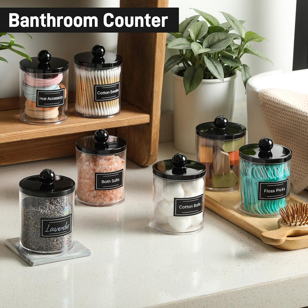6 Pack Acrylic Qtip Holder Dispenser for Cotton Swabs, Balls, Pads, Floss - Plastic Canister Apothecary Jar Set, Bathroom Essentials Accessories Decor Vanity Makeup Storage Organizer - Clear & Black