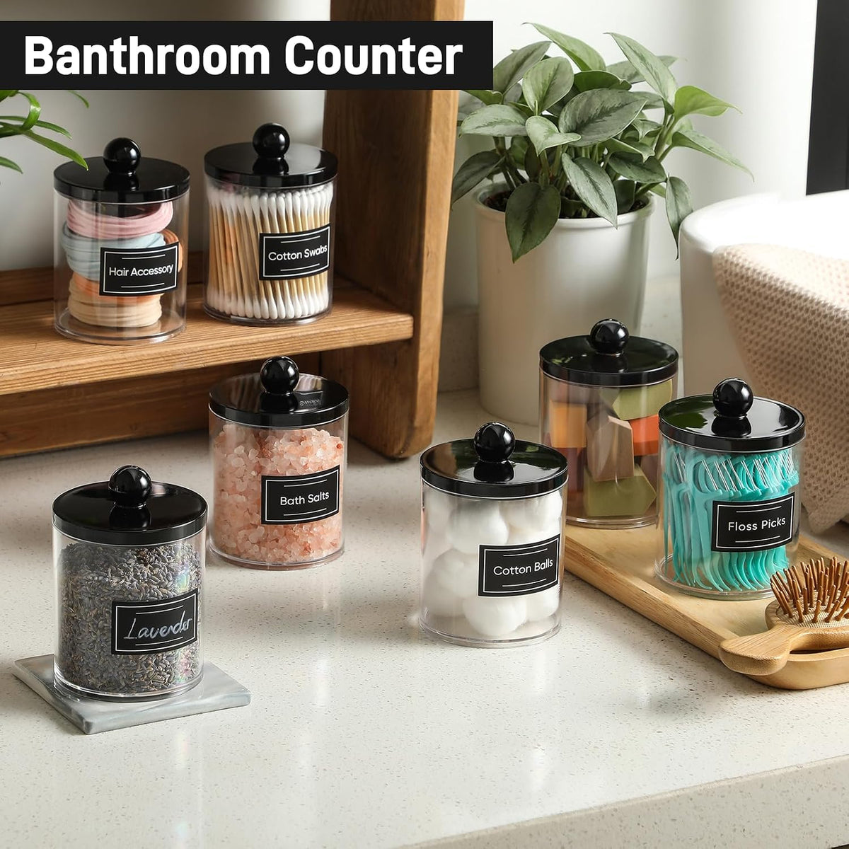 6 Pack Acrylic Qtip Holder Dispenser for Cotton Swabs, Balls, Pads, Floss - Plastic Canister Apothecary Jar Set, Bathroom Essentials Accessories Decor Vanity Makeup Storage Organizer - Clear & Black