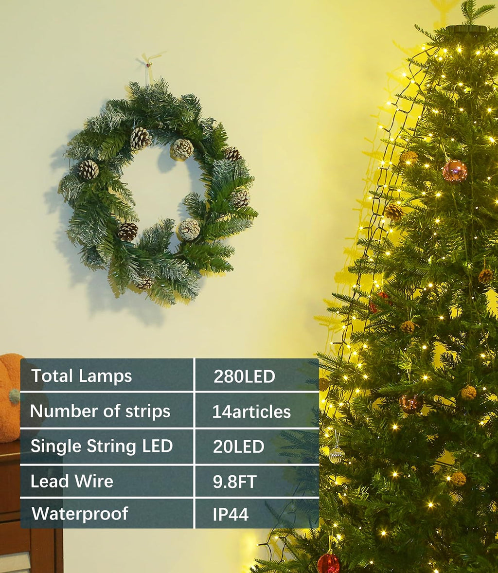 Flechllary Christmas Tree Lights, 280 LED Christmas Lights with 8 Light Modes，6.6FT x 16 String Lights with Timer&Memory Functions for Christmas Tree Decorations（Warm White）