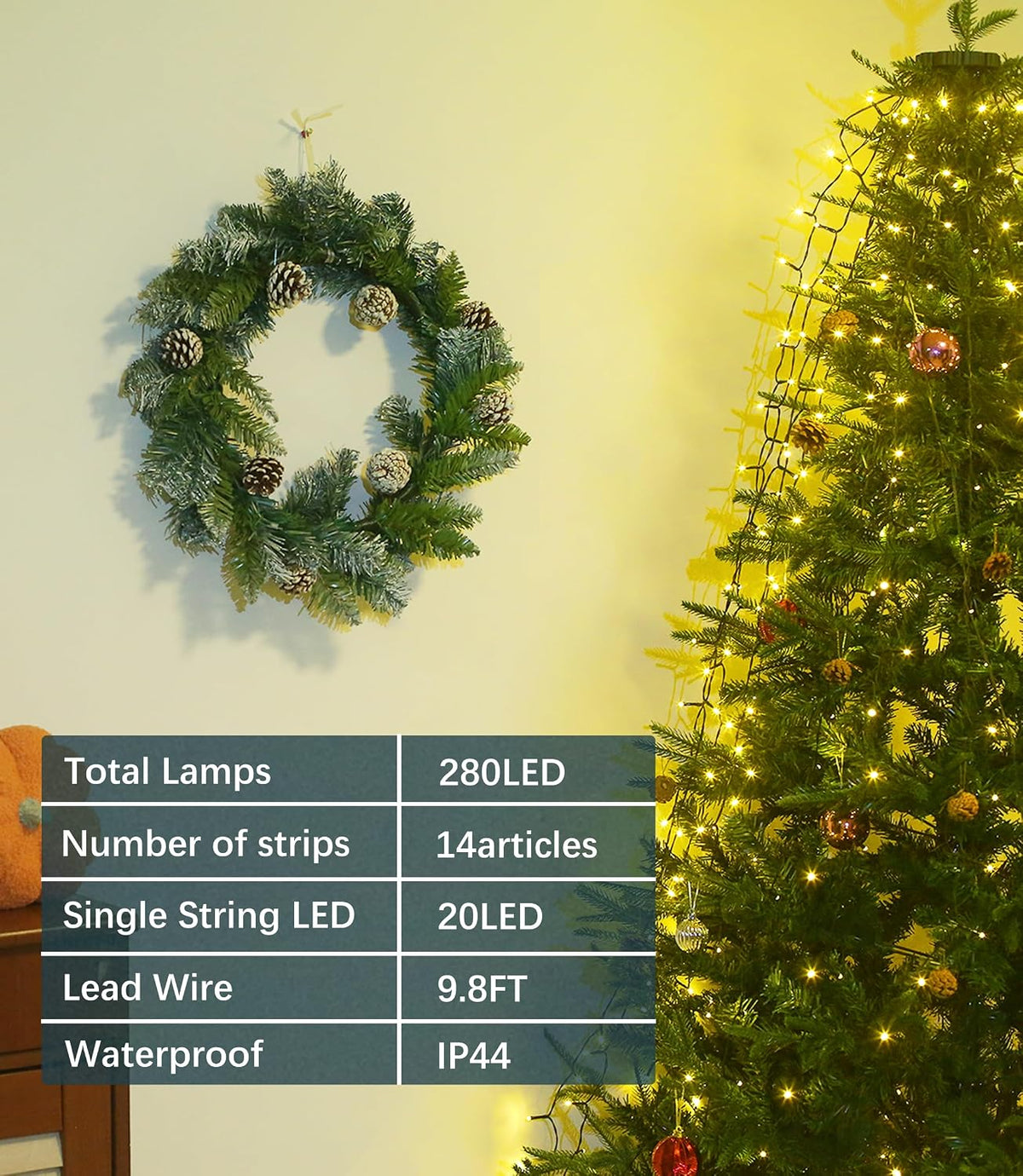 Flechllary Christmas Tree Lights, 280 LED Christmas Lights with 8 Light Modes，6.6FT x 16 String Lights with Timer&Memory Functions for Christmas Tree Decorations（Warm White）