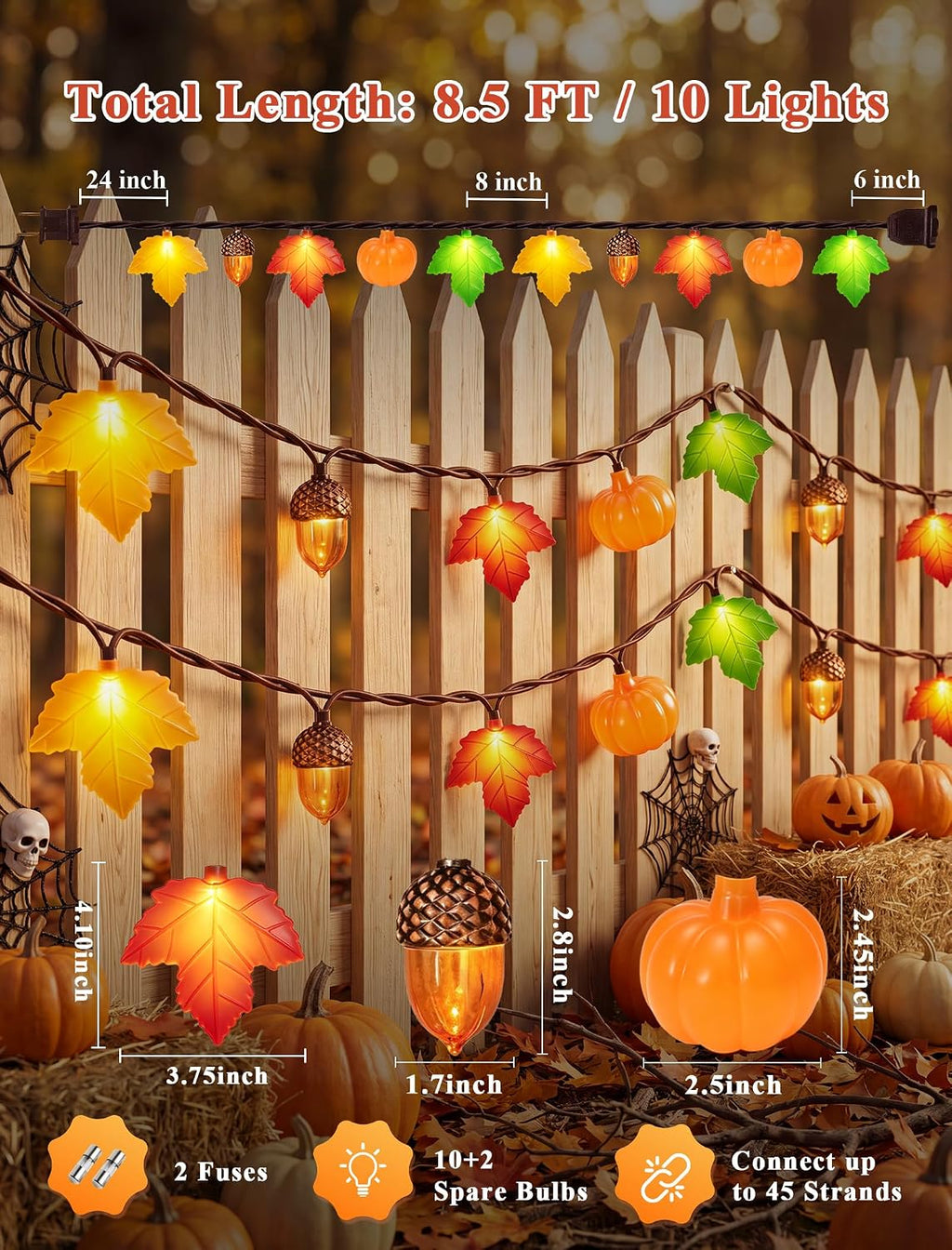 Fall Decor String Lights, 8.5FT 10 LED Thanksgiving Lights Outdoor Plug in