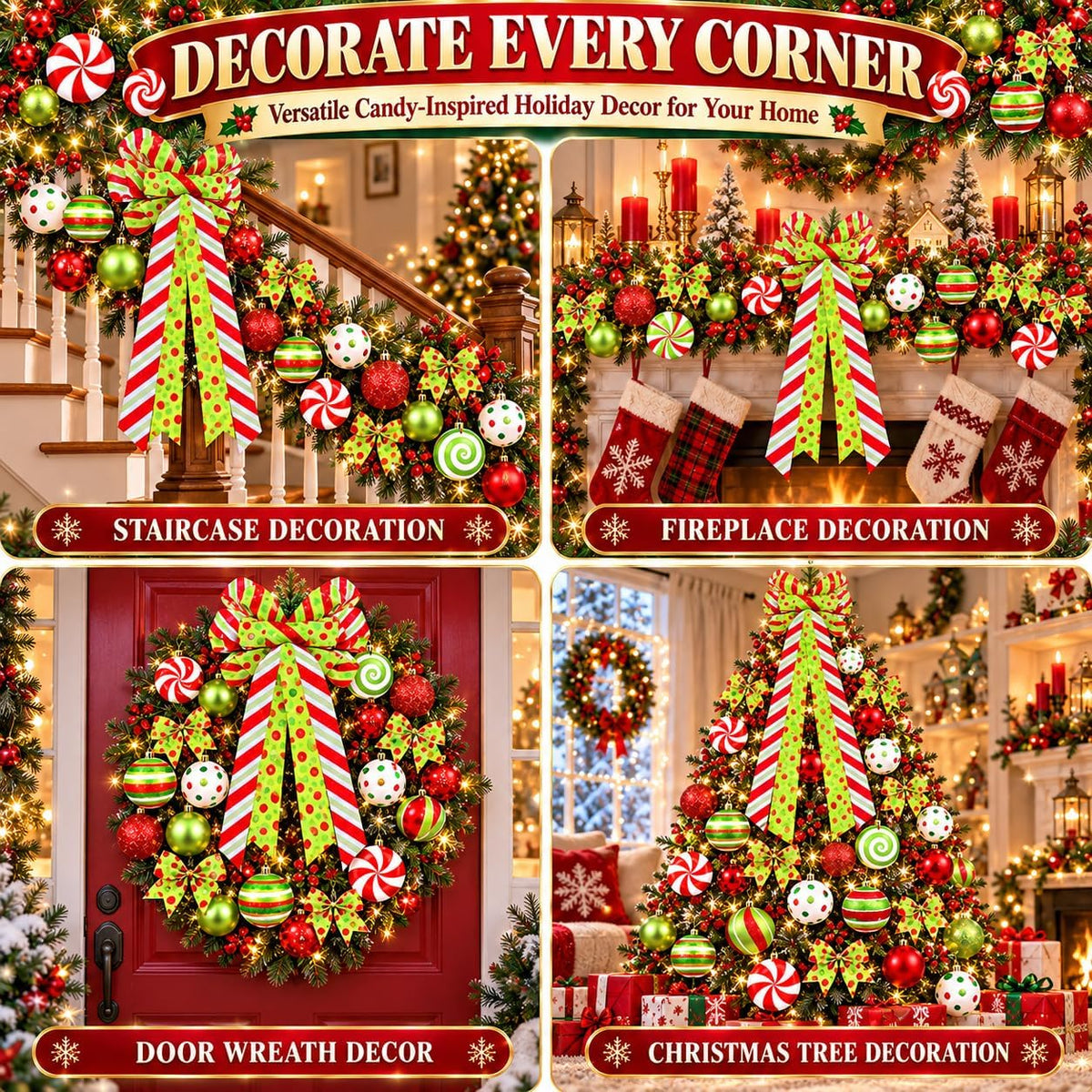 Christmas Tree Decorations Set,Christmas Ball Ornaments Glittering Plastic Hanging Decorations Elf Balls,Large Tree Topper Wreath Bow,Candy Peppermint Wood Ornaments (Red and Lime Green)