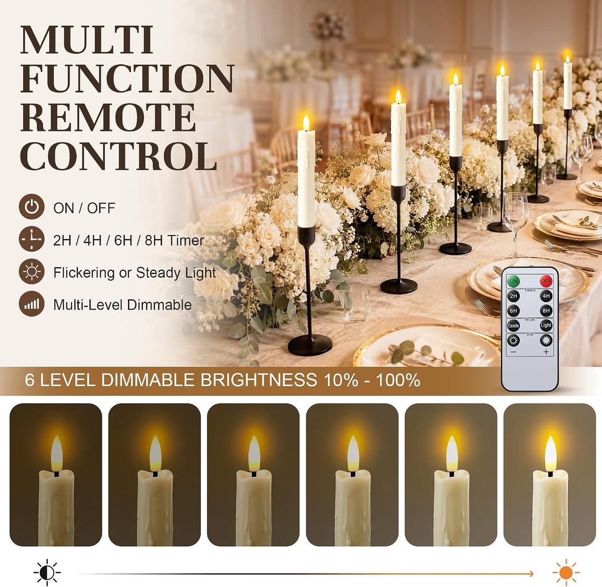 Enhon 6 Pack Flameless Taper Candles with Remote & Batteries, 7.7" Ivory LED Candle Sticks, 3D Wick & Wax Drip Design, 624+ Hour Battery Operated Candles for Home, Wedding & Christmas Decor