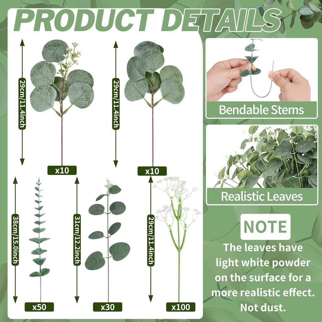 Palonu 200 Pcs 5 Kinds Mixed Artificial Eucalyptus Leaves Stems Bulk Babys Breath Eucalyptus Bundle Faux Plants Greenery for DIY Bouquets Floral Arrangement Wedding Engagement Party Decor