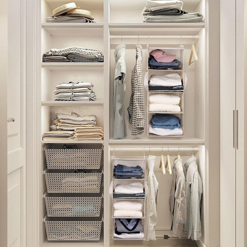 MAX Houser 4 Tier Shelf Hanging Closet Organizer, Space Saver,Closet Hanging Shelf with 2 Sturdy Hooks for Storage, Foldable (Beige)