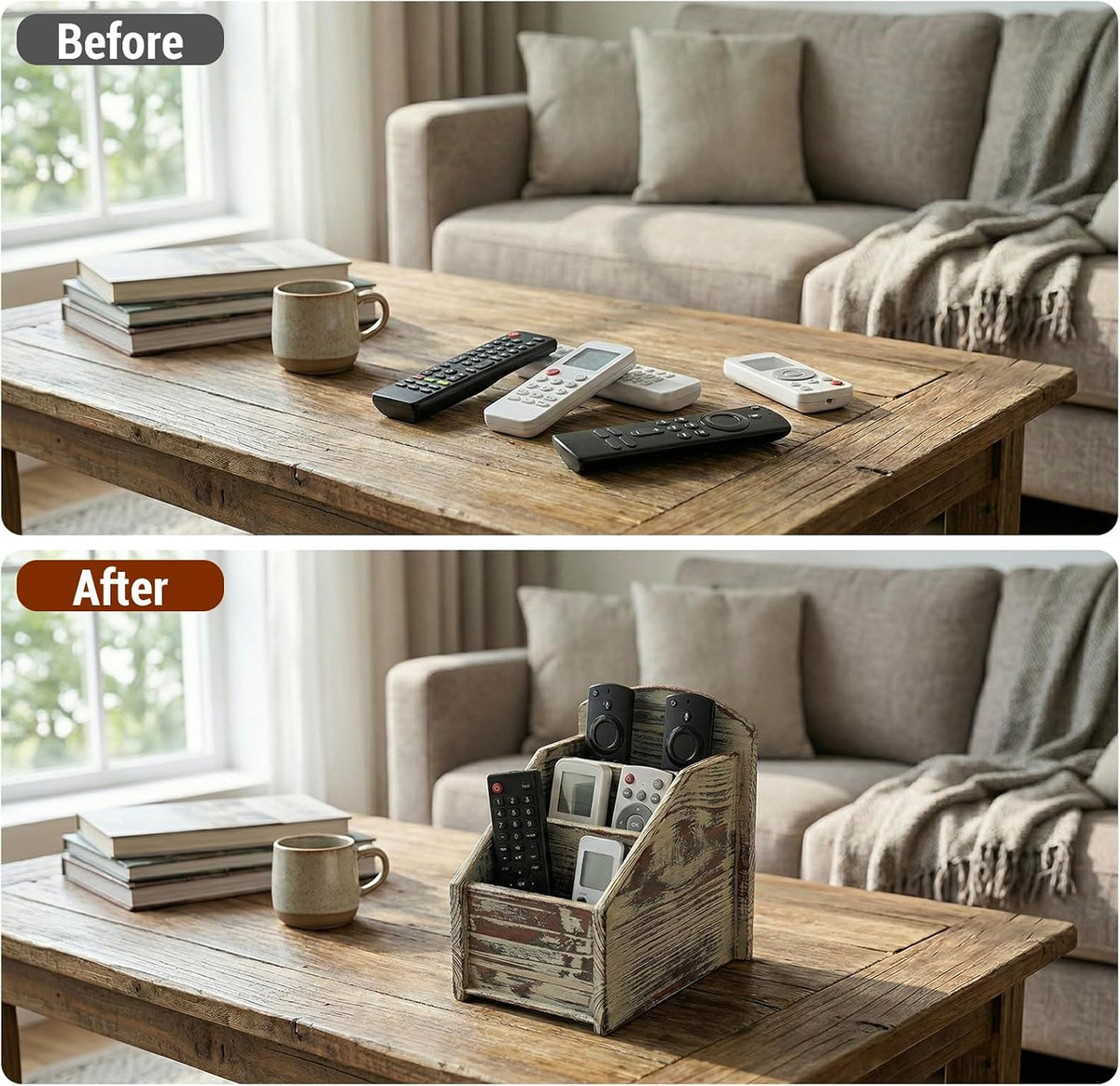MyGift Torched Wood Remote Control Holder, 3-Compartment Tabletop Organizer