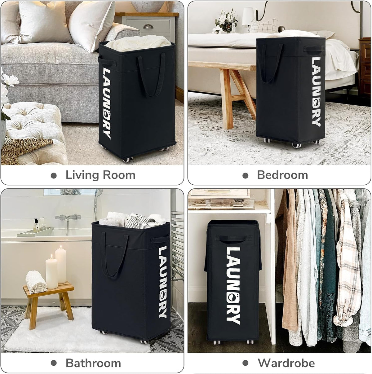CHICVITA 75L Laundry Basket with Wheels 2-Pack, Wash Bags, Black