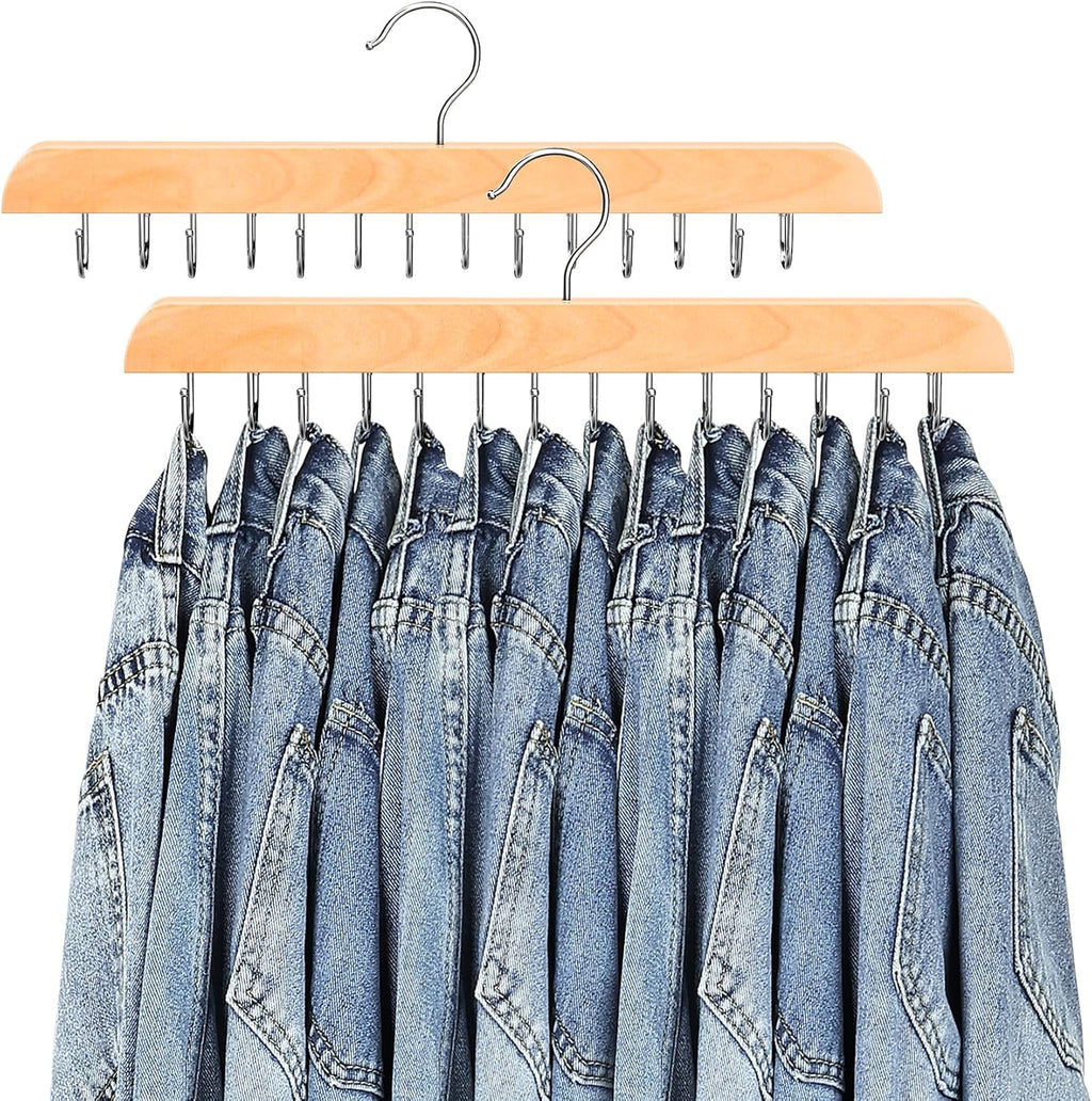 Jean Hangers for Closet, 14 Wood Jeans Hooks Space Saving, 180° Rotating Jean Hangers Holder for Skirts/Shorts/Belts/Ties, Closet Organizers and Storage, Pants Hooks for Jeans, 2 Pack, Natrual