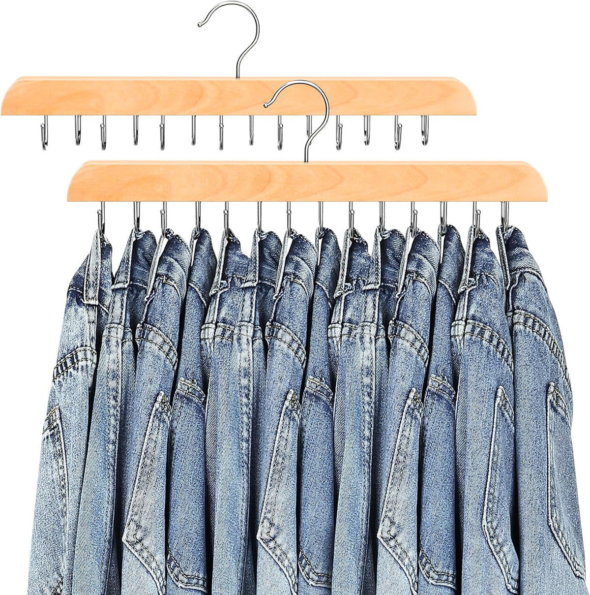 Jean Hangers for Closet, 14 Wood Jeans Hooks Space Saving, 180° Rotating Jean Hangers Holder for Skirts/Shorts/Belts/Ties, Closet Organizers and Storage, Pants Hooks for Jeans, 2 Pack, Natrual