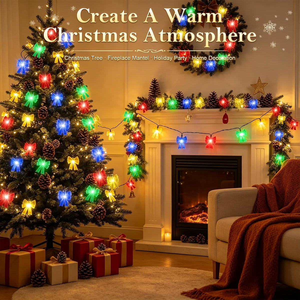 Battery Operated 15FT Christmas Bow 30LED Indoor String Lights Multicolor
