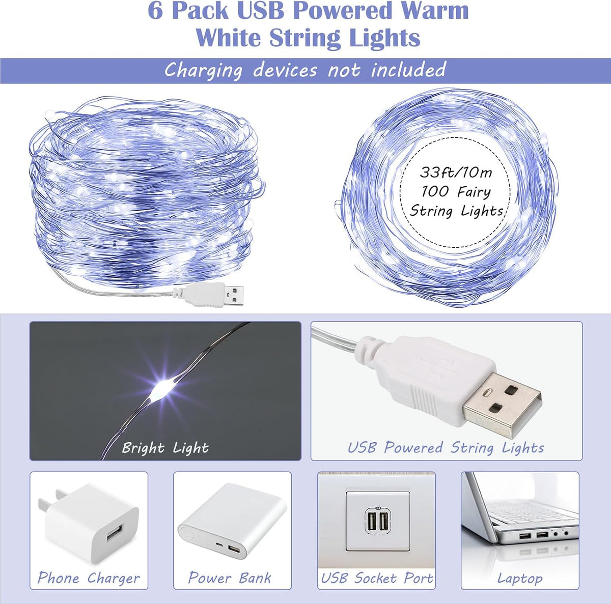 Macarrie Fairy Lights 33ft 100 LED USB Light, Warm Cool, White USB, 6 Pcs