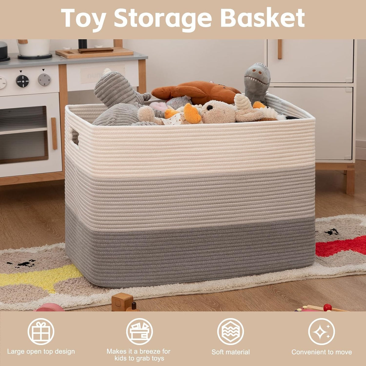 OIAHOMY 118L Extra Large Blanket Basket Cotton Rope Storage Basket Grey