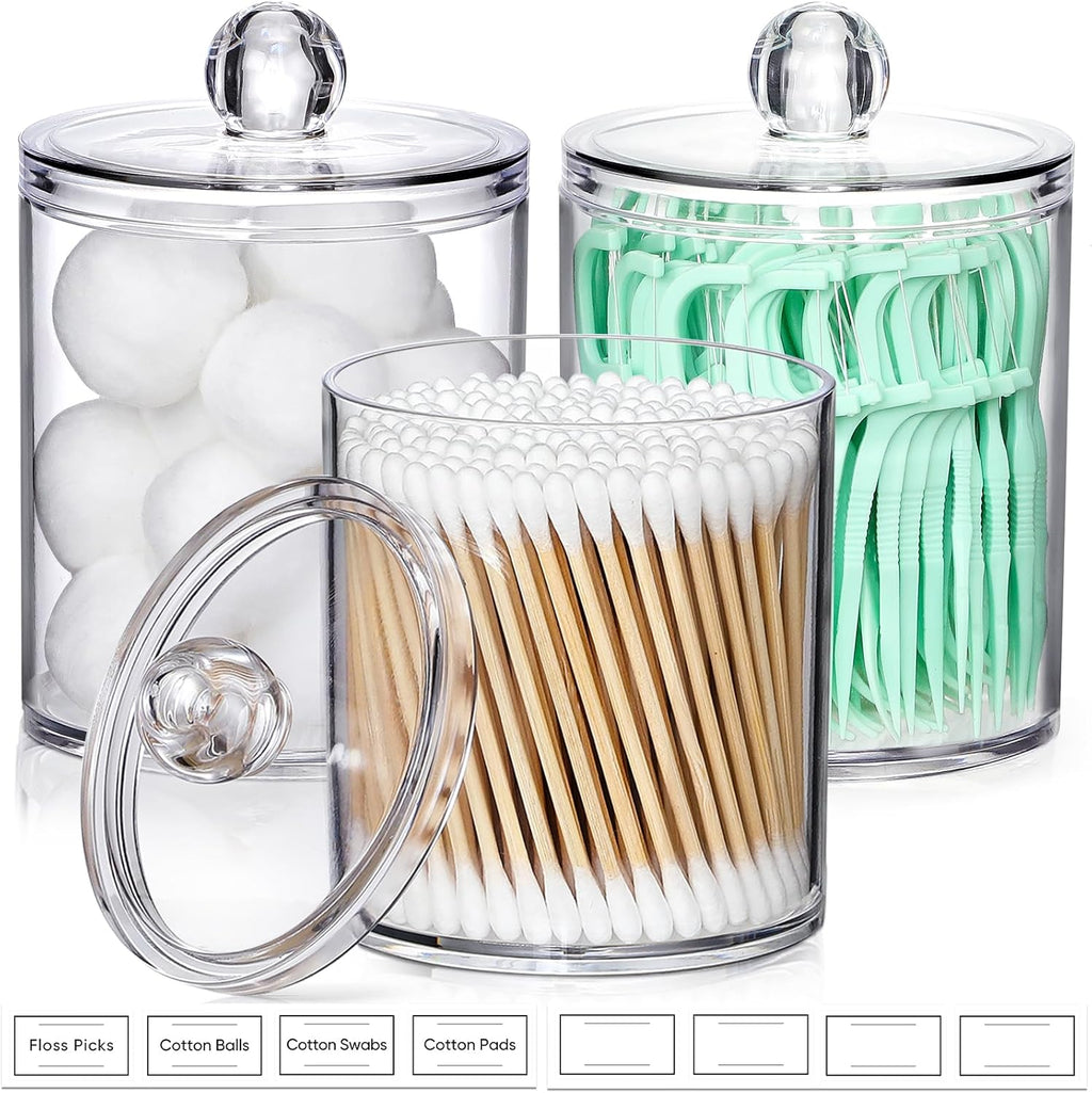 3 Pack Acrylic Qtip Holder Dispenser for Cotton Swabs, Balls, Floss Picks