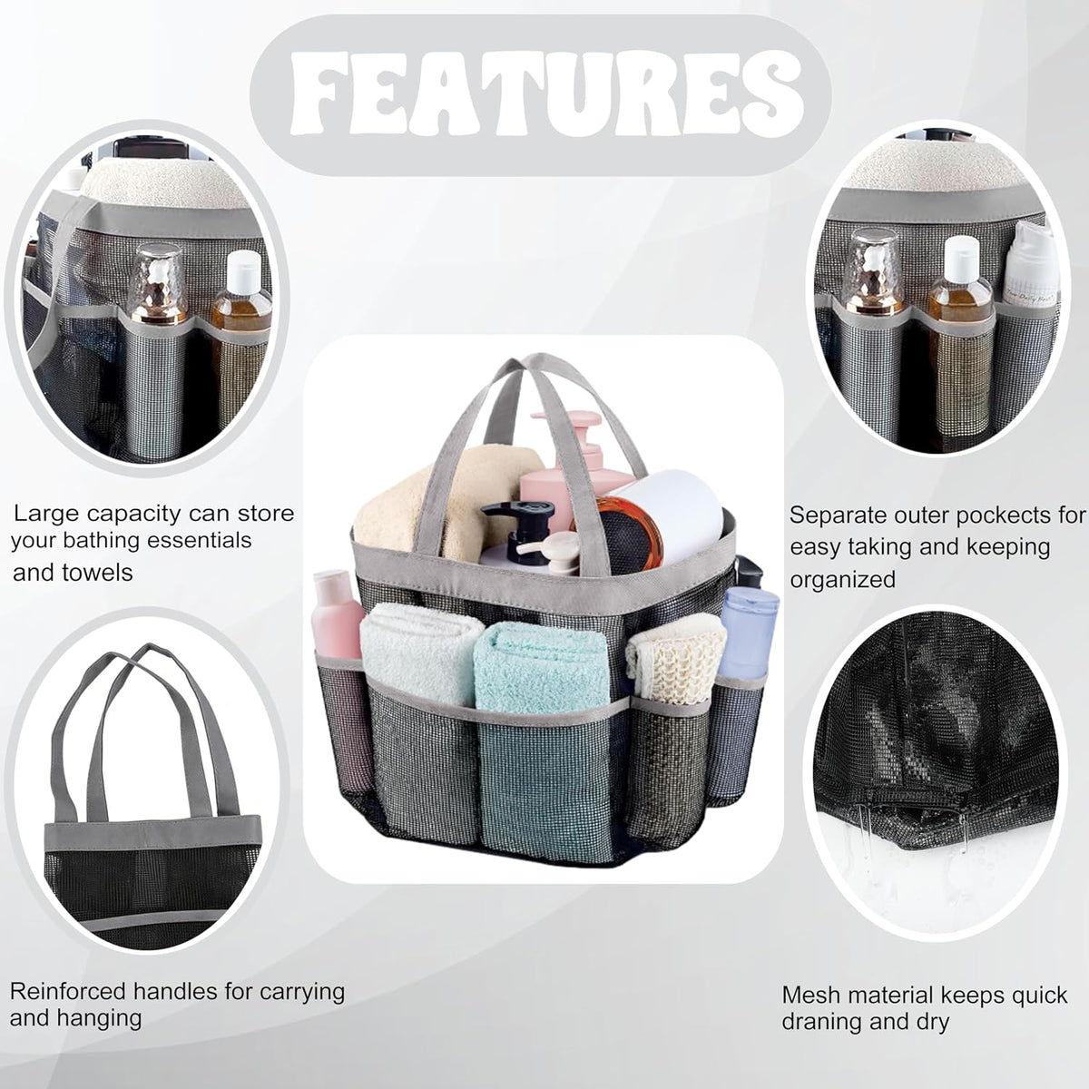 Mesh Shower Caddy Portable - 9 Pockets, Shower Bag for Dorm Room Camping