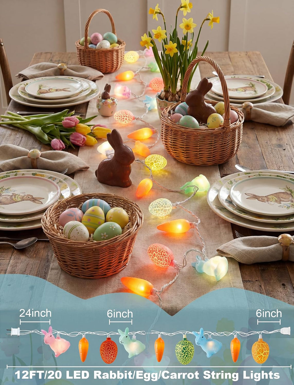 Easter Rabbit Carrot Egg String Lights, 12Ft 20 LED Multicolored Bunny Carrot Easter Egg Fairy Lights, Plug in Spring Decor for Indoor Outdoor Home Bedroom Garden Party Decorations