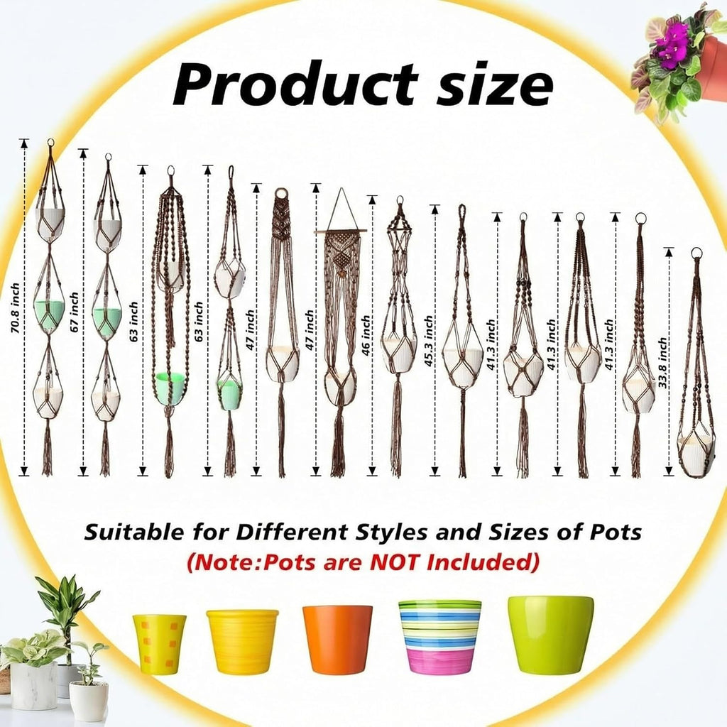 SATINIOR 12 Pcs Macrame Plant Hangers Handmade Boho Hanging Planters 12 Different Tiered Designs with 12 Hooks for Flower Pots Indoor Outdoor Decorative Wall Hanging Baskets for Home(Classic,Brown)