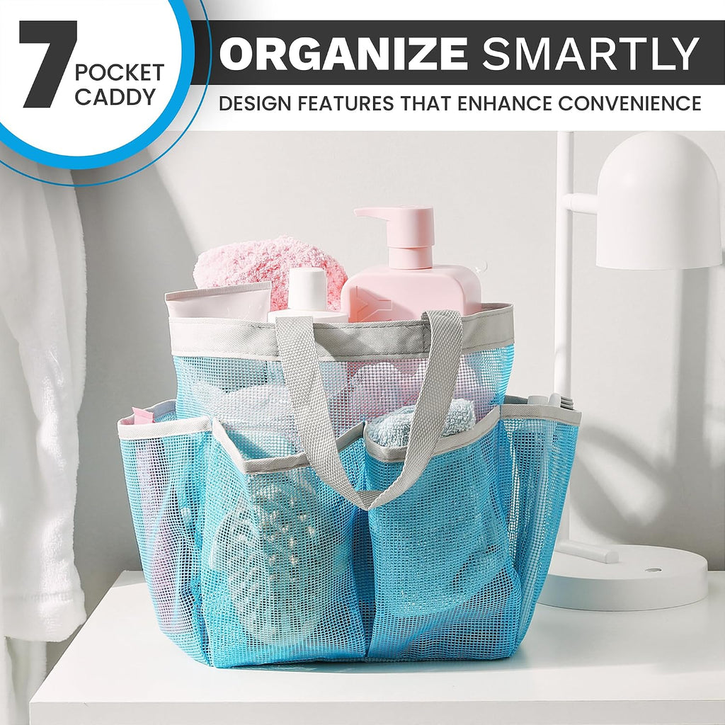 Handy Laundry Mesh Shower Caddy - 7 Pocket Portable Bathroom Organizer Tote for Travel, Gym & Dorm - Collapsible Small Shower Caddy Bag to Hold Toiletries & Essentials (Blue)