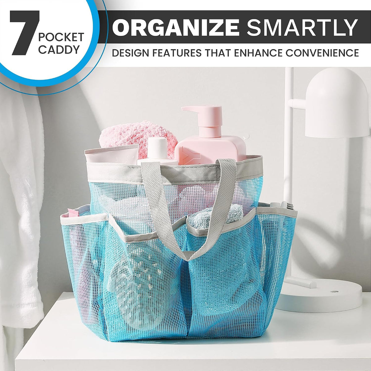 Handy Laundry Mesh Shower Caddy - 7 Pocket Portable Bathroom Organizer Tote for Travel, Gym & Dorm - Collapsible Small Shower Caddy Bag to Hold Toiletries & Essentials (Blue)