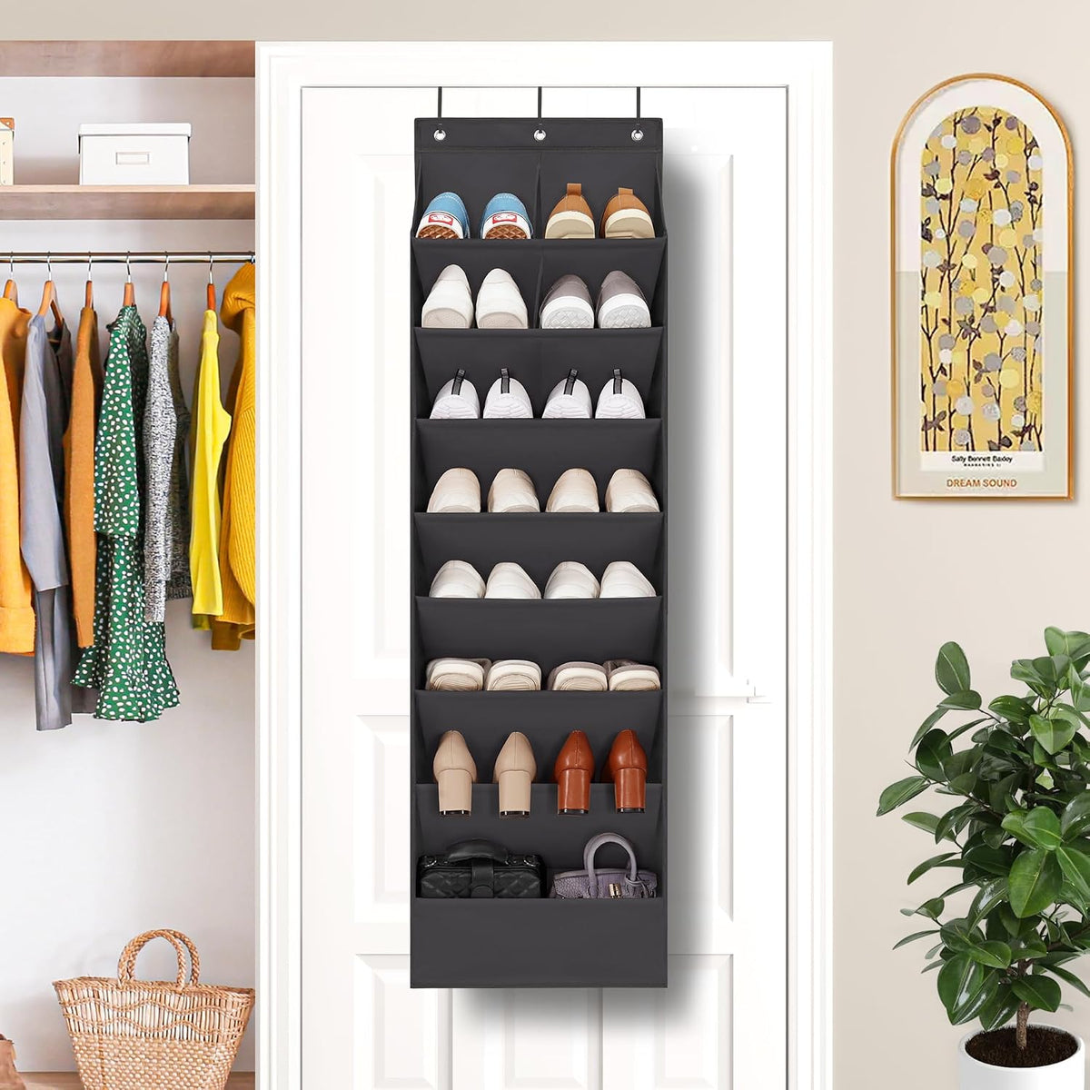 Over Door Organizer with 10 Extra Large Pockets, 23 Pairs Shoes Large Capacity Hanging Storage Organizer for Shoes, Diapers, Black, 8 Layers, 2-Pack