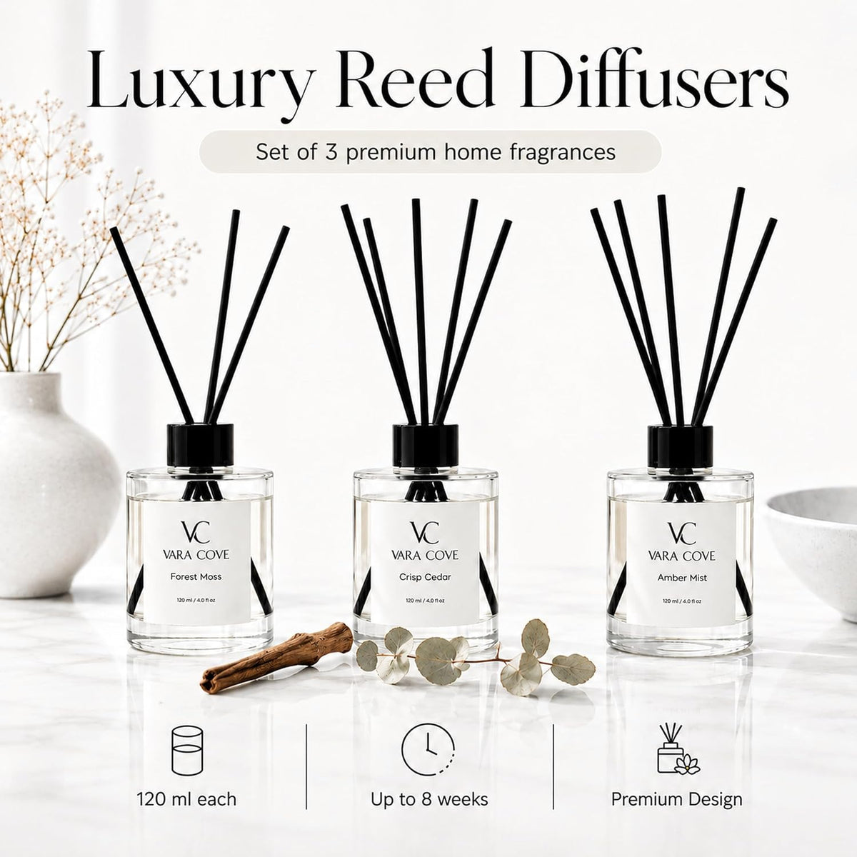 Reed Diffuser Set 3 Pack Premium Reed Diffusers Amber Mist, Crisp Cedar & Forest Moss Scents Long Lasting Home Fragrance Gift Set for Bathroom, Home & Office