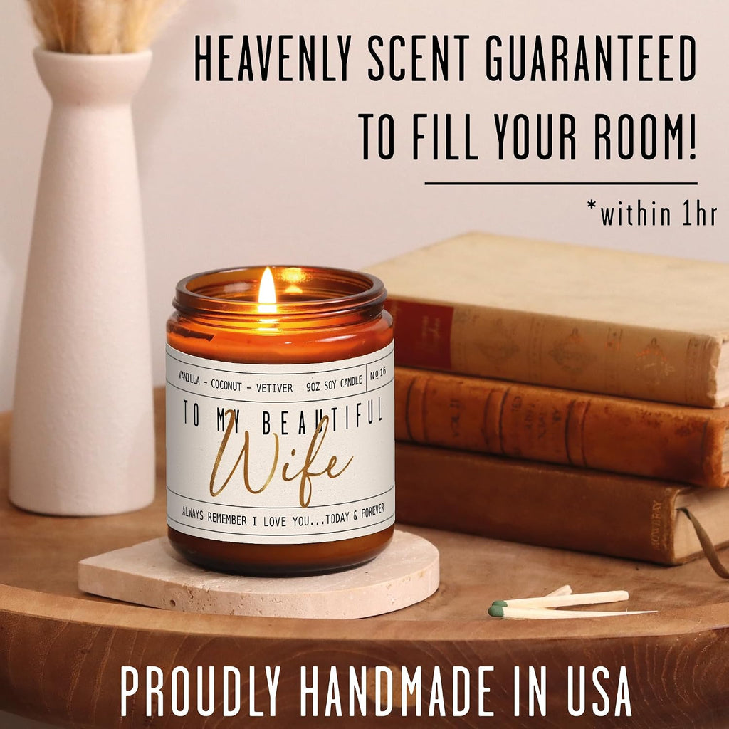 Gift for Anniversary for Women, Valentines Day Gift for Her, Wedding Anniversary for Wife -to My Beautiful Wife Candle, w/Vanilla, Coconut & Vetiver I Valentines I 9oz, 50Hr Burn, USA Made