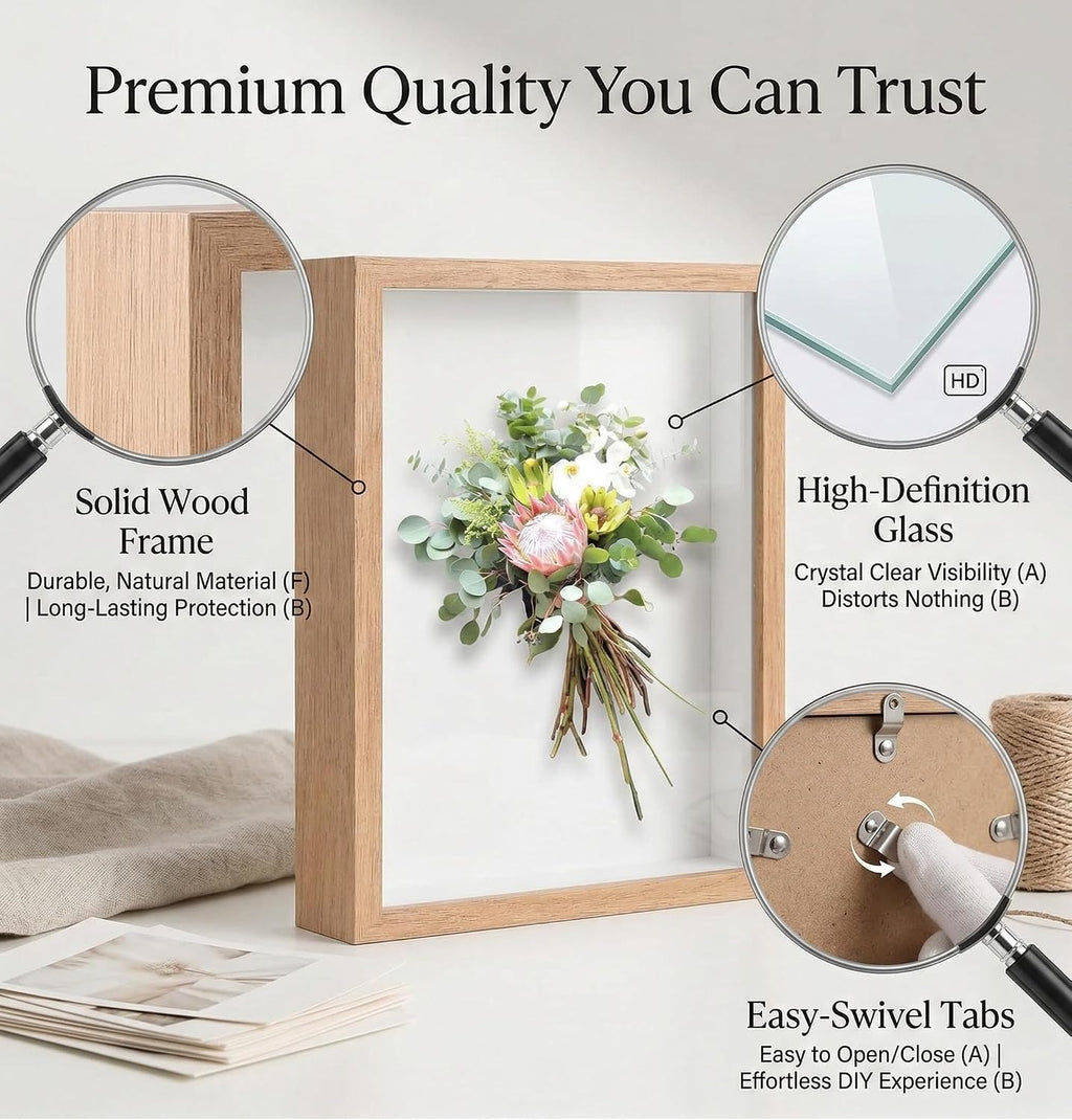 4 Pack Shadow Box Frame Display Cases, 8"x 10" Wood Deep Black Handicrafts Shadowbox Picture Frame for Flowers Jersey Baby Wedding Dress (Burlywood)