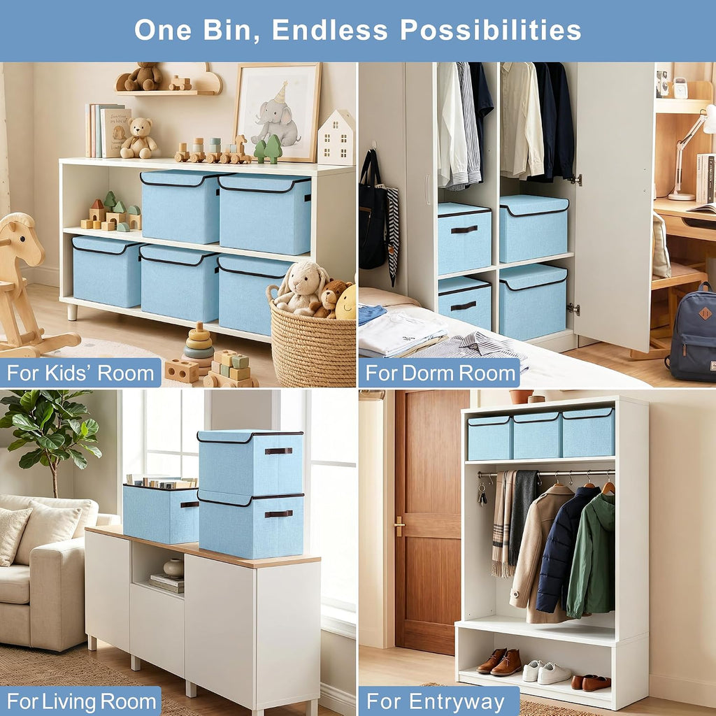 Bagnizer Foldable Storage Bins with Lids, Decorative Storage Baskets, Large Storage Boxes for Home, Office, Bedroom, Closet, Blue, Medium, 4 Pack 14.6 x 9.5 x 9.5”