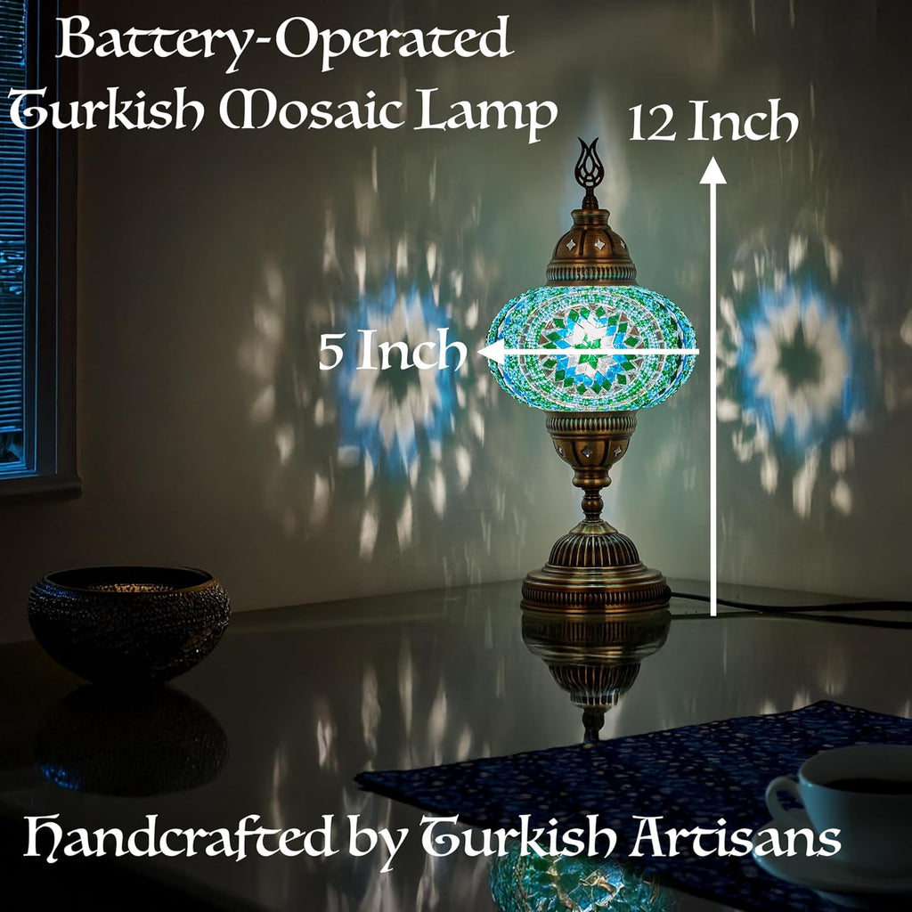 Turkish Moroccan Mosaic Battery-Operated Table Lamp – 12” H, 5” W, Portable Stained Glass Lantern for Indoor & Outdoor Use, Cordless Handmade Decorative Light for Bedroom, Patio & Camping, White Clear