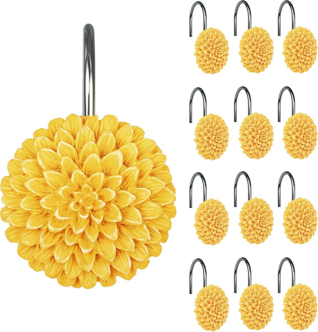 Sunlit Decorative Floral Shower Curtain Hooks, Dahlia Pinnata Flower Shower Curtain Rings, Resin, Bathroom Decoration Yellow Shower Curtain Hooks-12 Pack