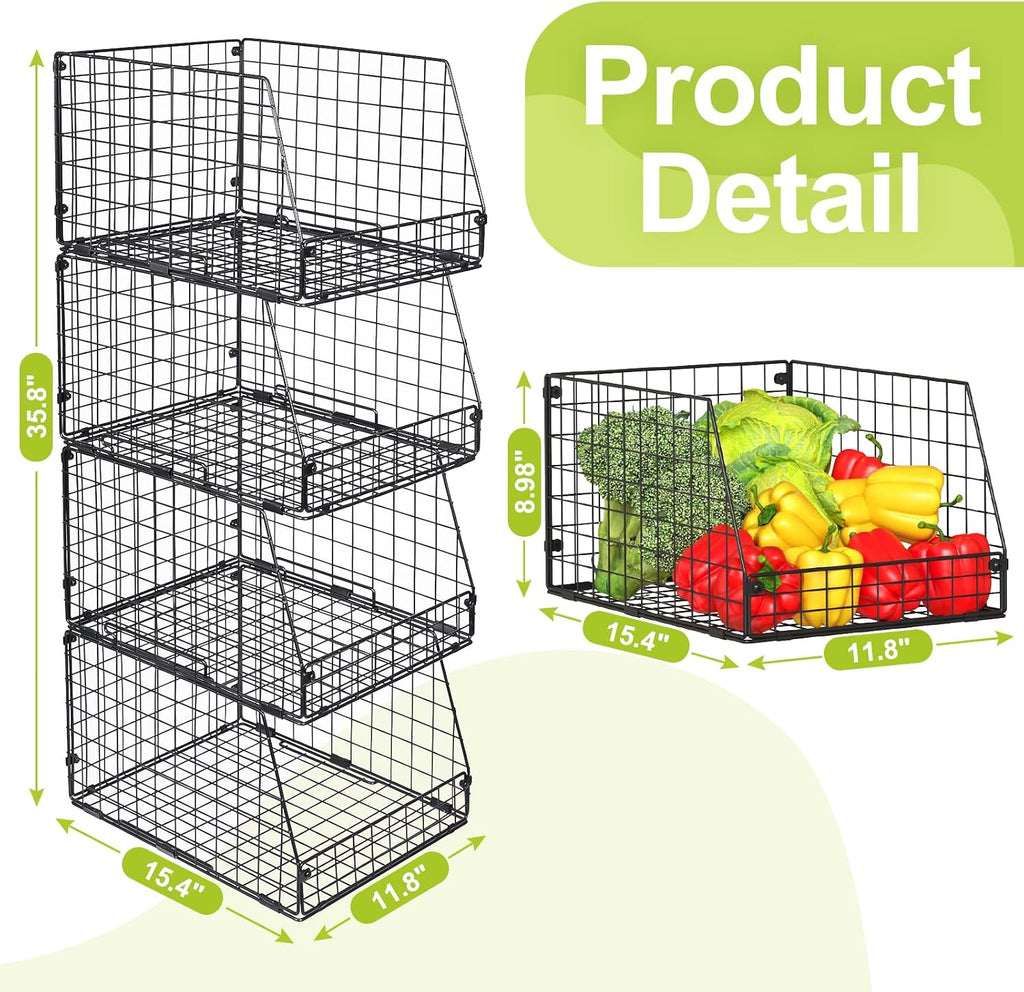 Jakyitvi 4 Pack XXL Stackable Wire Storage Basket, Extra Large Capacity Pantry Organizer and Storage, Muti-Purpose for Fruit Vegetable Basket & Toy Bin & Snack Organizer
