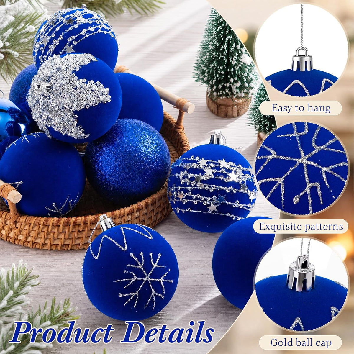 Syhood 12 Pcs Royal Blue Velvet Christmas Ball 3.15 Inch Flocked Ornament