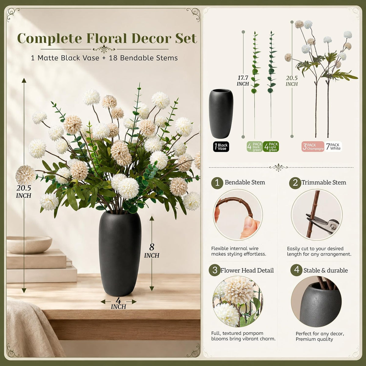 Der Rose Fake Flowers in Ceramic Vase, 18Pcs White Blooms for Spring Decor
