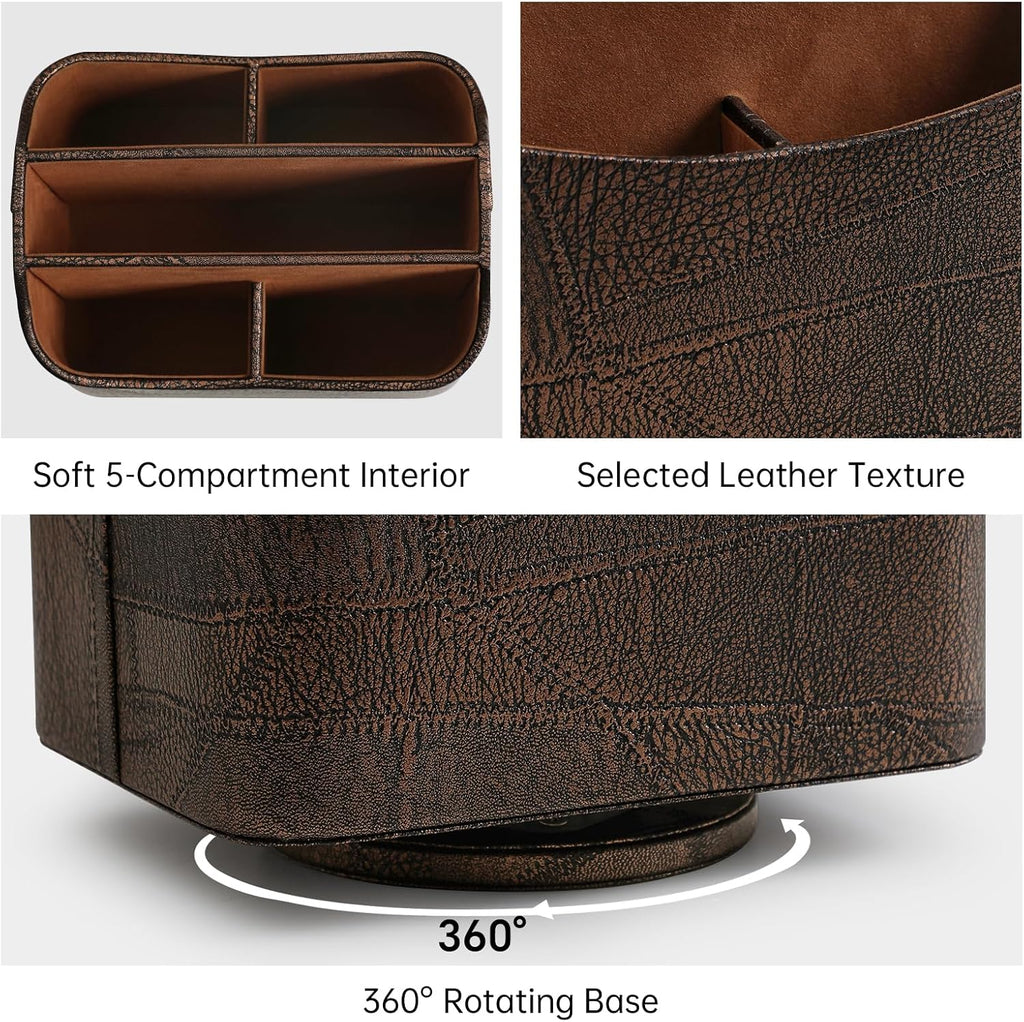 PU Leather Remote Control Holder, 360 Degree Rotating Desk Organizer Luxury Desktop Storage Rack, Rotating Bedside Storage Box for Desktop Office Living Room Bedroom (Brown Vintage)