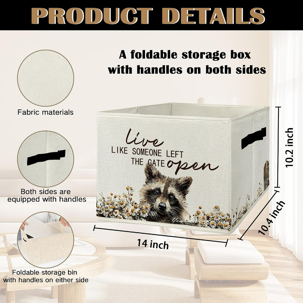 Rustic Raccoon Storage Bins & Boxes with Handles, Farmhouse Raccoon Foldable Basket for Organizing, Live Like Someone Left the Gate Open Collapsible Storage Basket for Bedroom Bathroom Clothes
