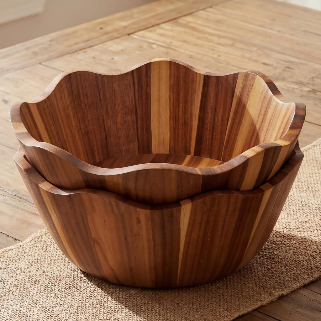 2 Pcs Scalloped Decorative Wooden Bowl 12 Inch Acacia Wood Fruit & Serving Bowl Handcrafted Rustic Decorative Bowls for Fruit, Salad, Snacks and Home Kitchen Counter Decor Wedding Decor