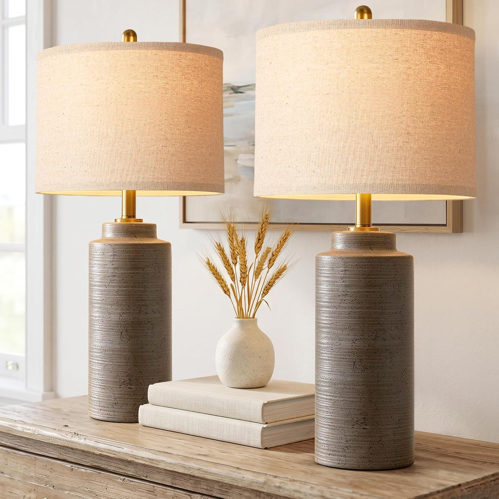PARTPHONER 27" Vintage Ceramic Table Lamp Set of 2, Rustic Farmhouse Bedside Lamps with Ribbed Textured Finish, Greyish Brown Earth Tone Nightstand Lamps for Living Room Bedroom End Tables Home Decor