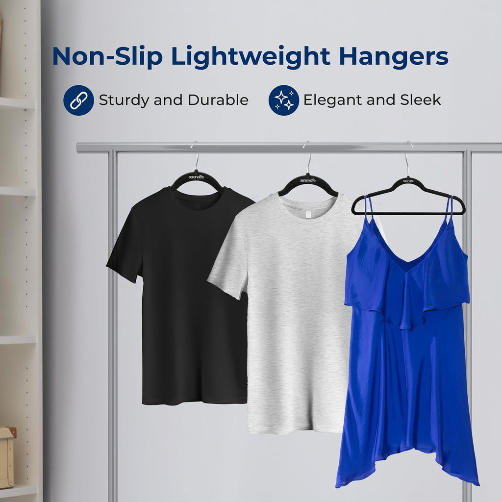 SereneLife 50-Pack Velvet Non-Slip Hangers – Slim Heavy Duty Clothes Hangers with 360° Swivel Hooks, Space-Saving Design, Lightweight & Durable Coat Hanger Set for Closet Organization (Black)