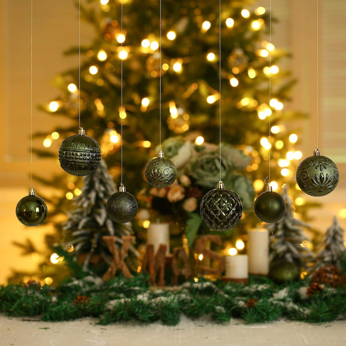 Christmas Ball Ornaments Dark Green Christmas Tree Decorations with Hang Rope-36pcs Shatterproof Christmas Ornaments Set with 6 Styles in 3 Sizes(Small Medium Large)