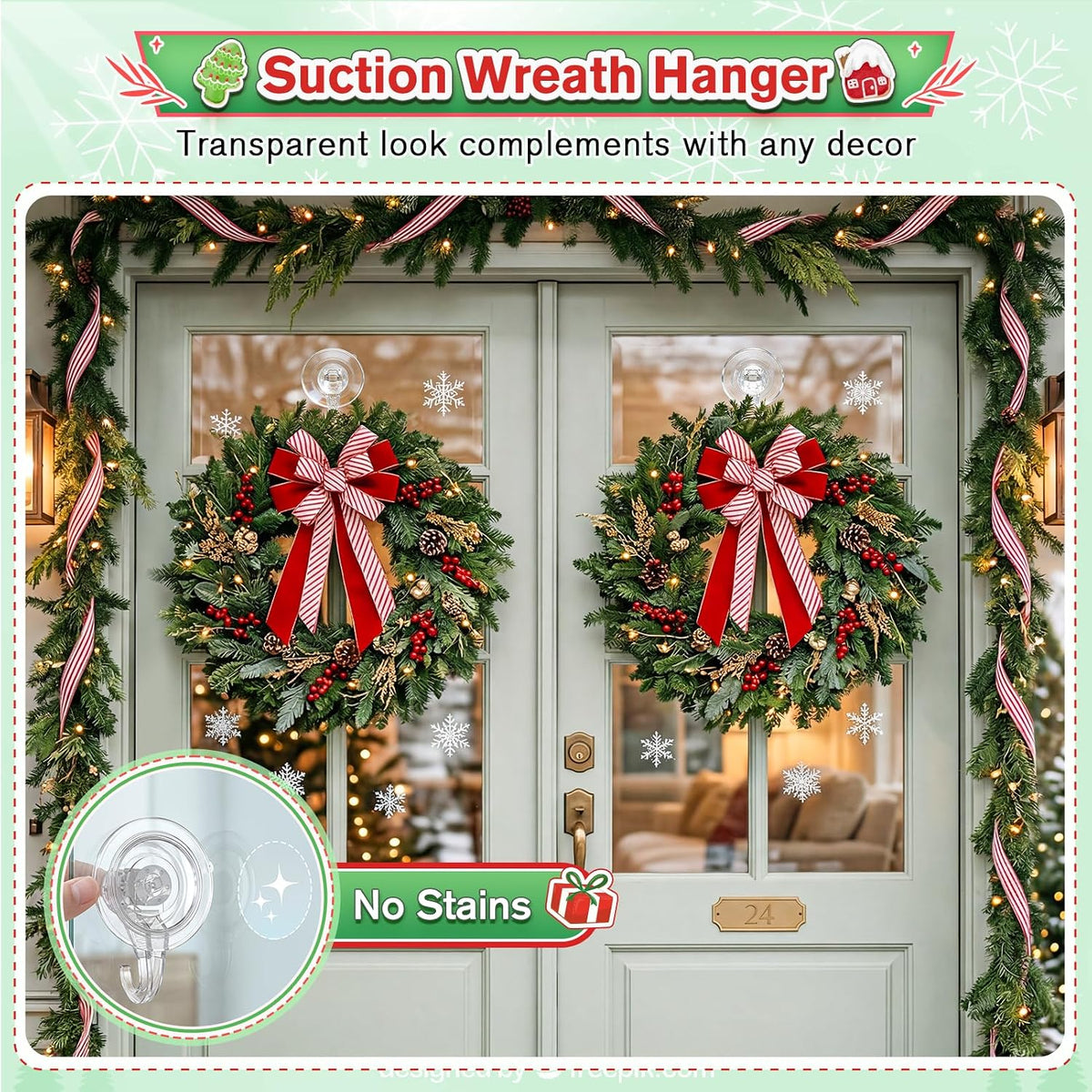 VIS'V Suction Wreath Hanger, Heavy Duty, 22 LB, Large, Clear, 8 Pcs