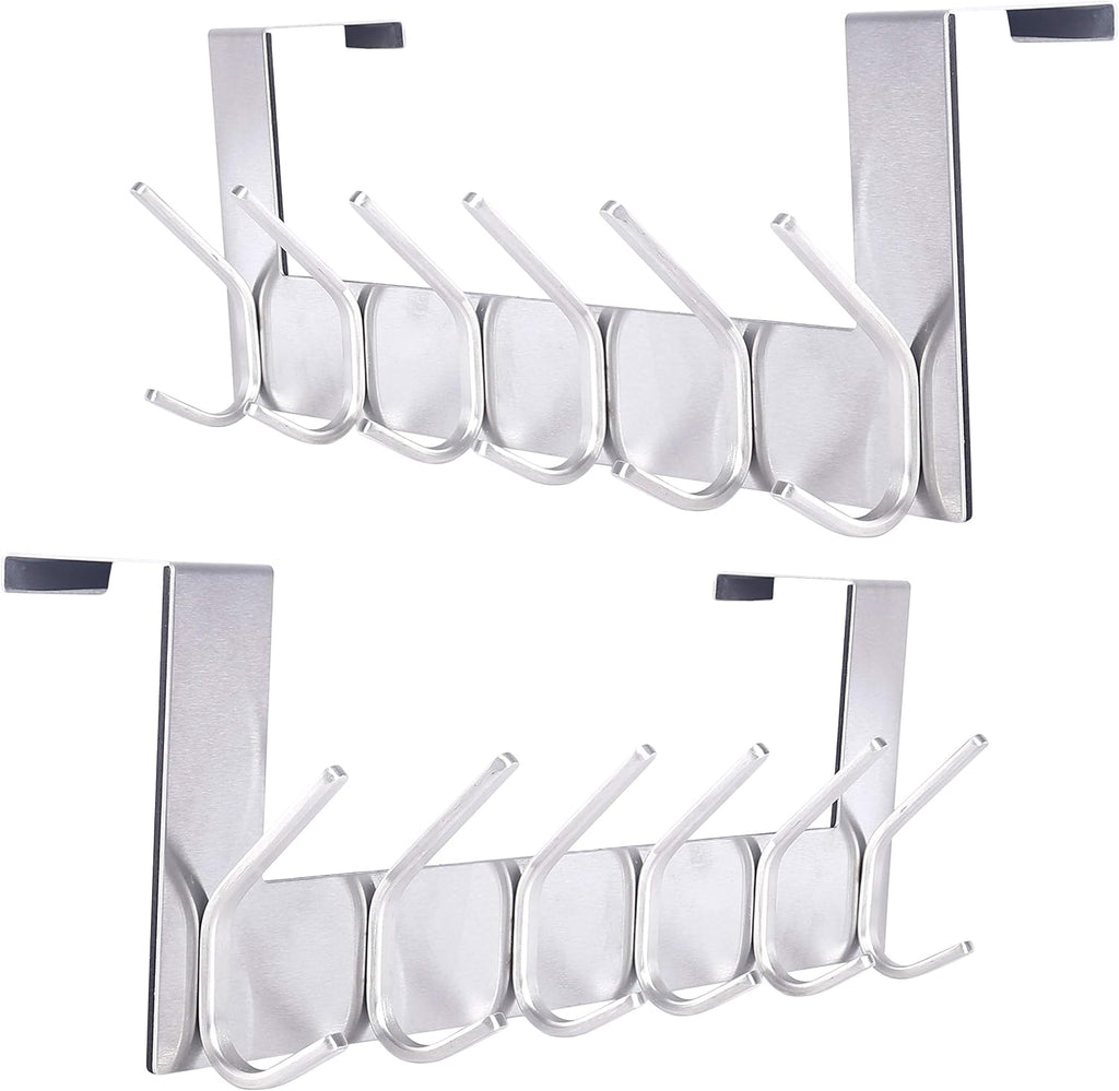 SKOLOO Over The Door Hook - for Doors up to 1-3/4'' Thickness, Silver, No Assembly Required, Stainless Steel, Door Coat Rack for Entryway & Bathroom Hanging Coats, Backpack, Robes, Towels, Pack of 2
