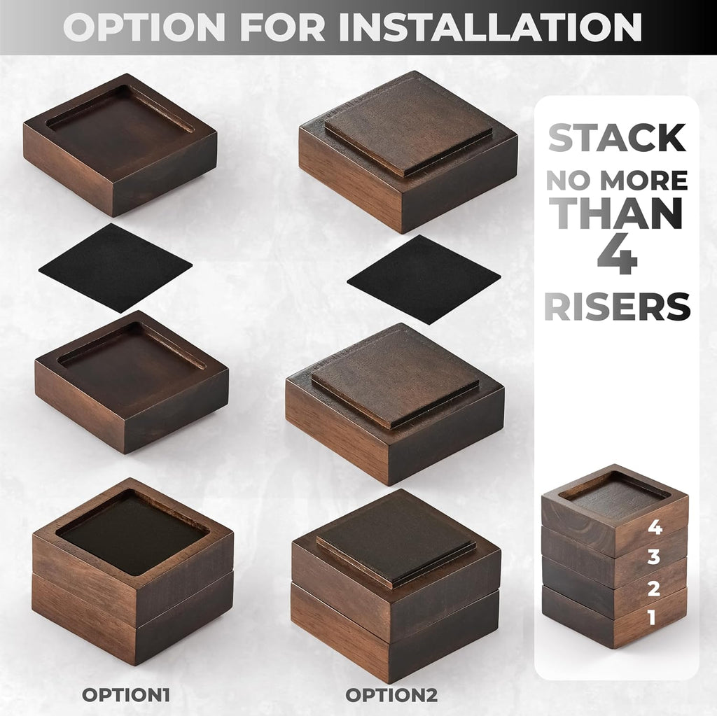 FASONLA Bed Risers, Furniture Risers (Set of 8) Lifts Height 1", 2", 3" or 4", Solid Natural Wood Risers, Non-Slip Recessed Hole to Heavy Bed/Furniture (Walnut Color)