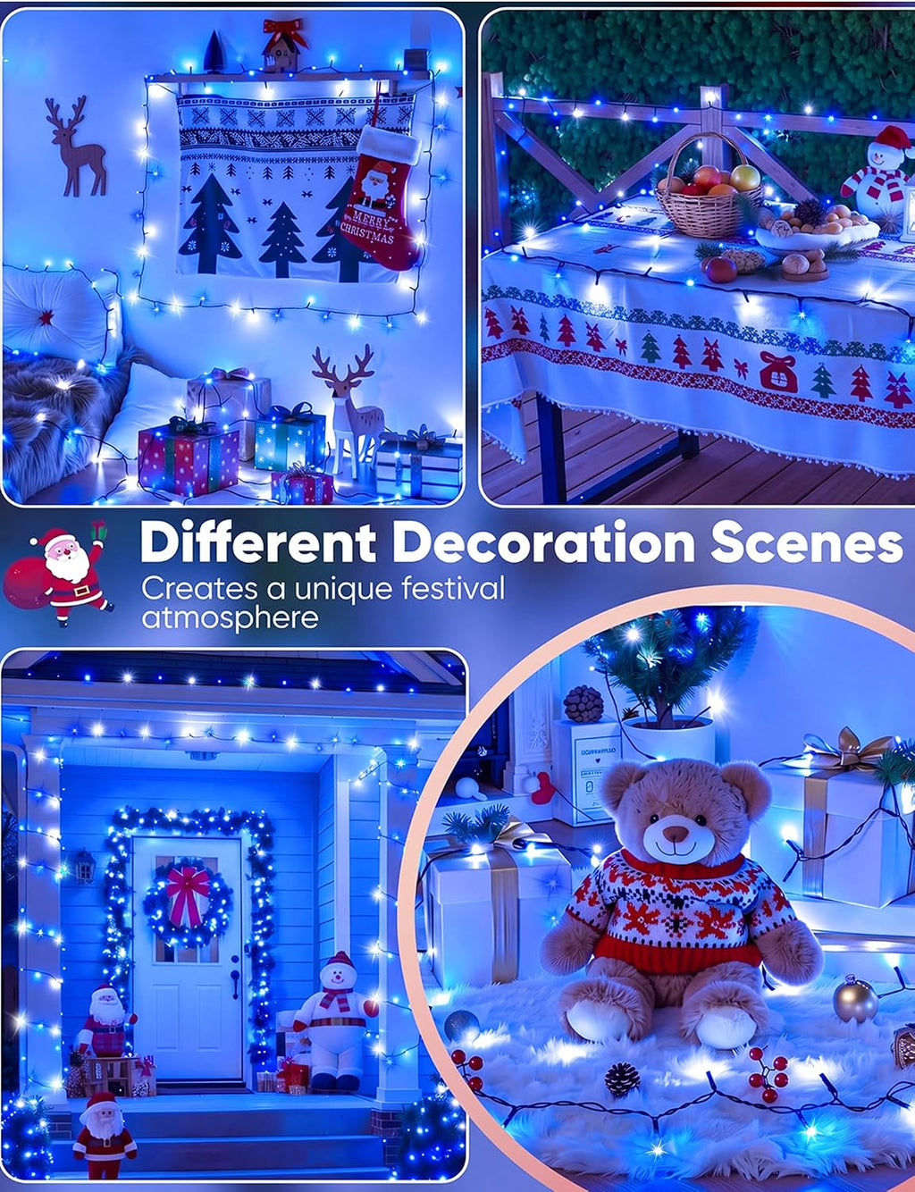 Brightown Christmas Lights Outdoor Battery Operated, 4 Pack Total 132FT 400 LED Battery Fairy Lights with Timer,8 Mode,Waterproof Christmas String Lights for Outside Indoor Bedroom, Blue & White