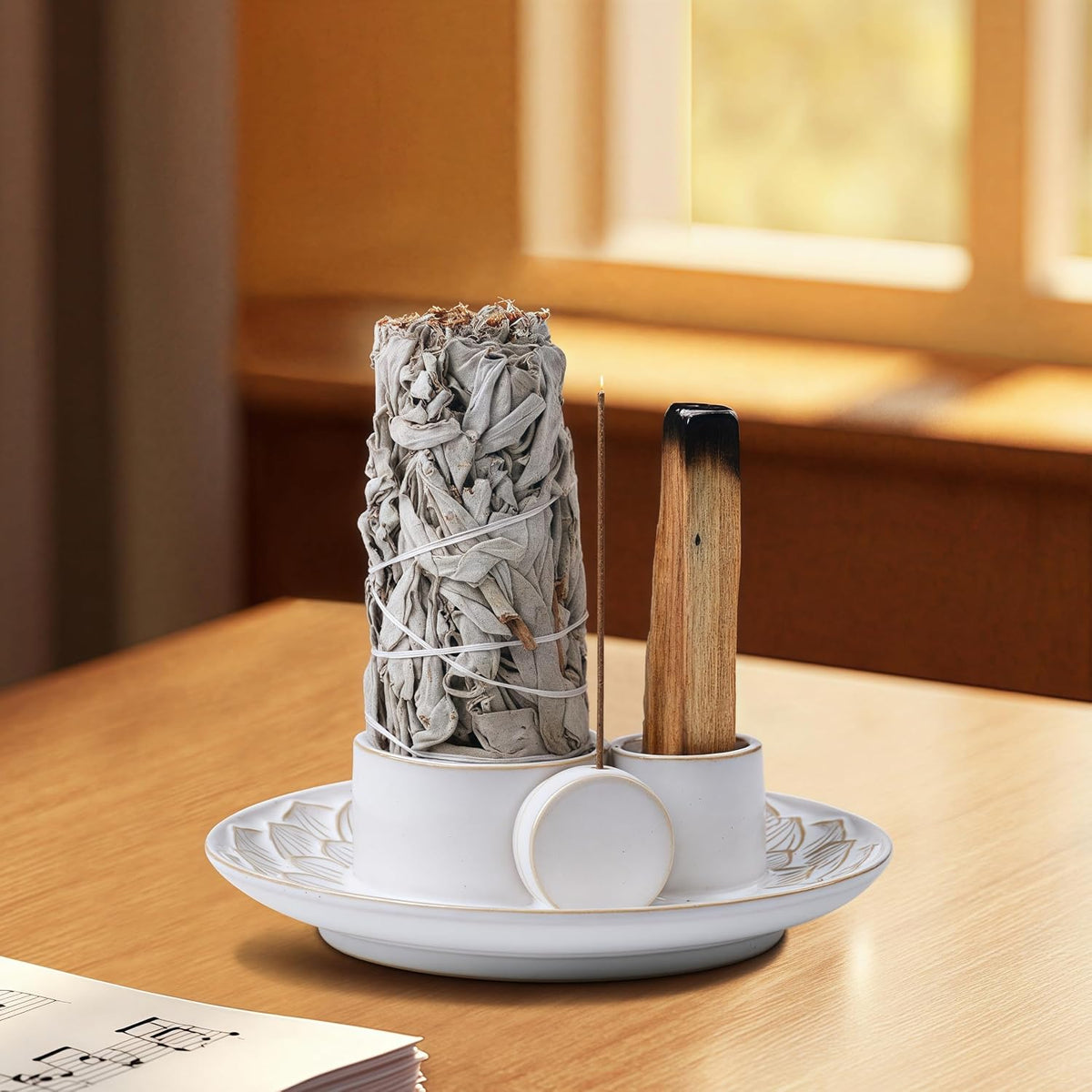 4 in 1 Incense Holder, Ceramic Incense Stick and Palo Santo Holder,Sage Holder for Burning- 5.5" Ceramic Ash Catcher Tray for Meditation and Yoga Room (White)